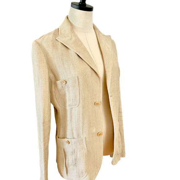 Vintage Ralph Lauren 100% LINEN Made in Italy Safari Blazer Jacket Tan 10 M - Picture 2 of 6